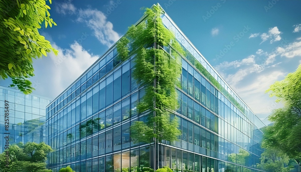 Fototapeta premium Urban skyscraper with a landscaped rooftop featuring trees and plants.Eco-friendly building design with a rooftop garden showcasing trees. Office building modern background 