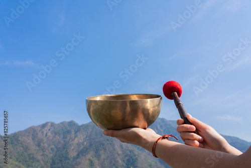 Tibetan singing bowl with the Himalayas in the background.