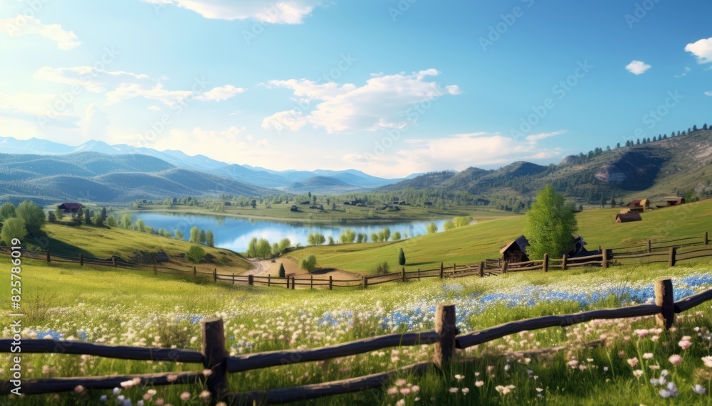 A stunning spring day landscaping views of fertile land surrounded beautiful green vegetation, wide stretches of hills and mountains with clear skies in spring