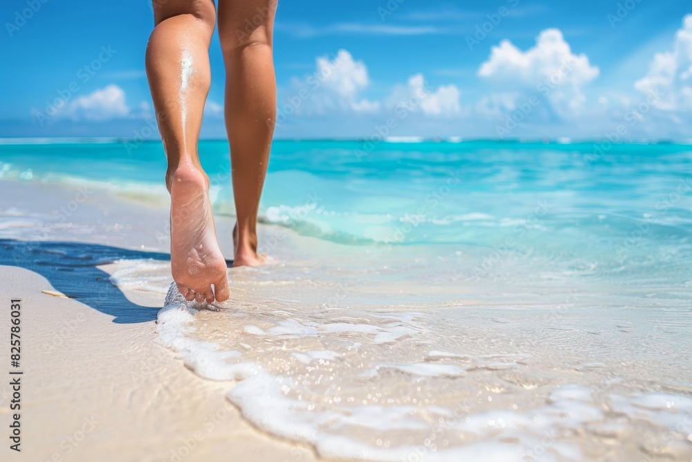 Picture yourself peacefully walking barefoot on a sandy shore by the clear turquoise sea under a bright blue sky. This serene setting is perfect for unwinding and escaping daily life Picture yourself peacefully walking barefoot on a sandy shore by the clear turquoise sea under a bright blue sky. This serene setting is perfect for unwinding and escaping daily life