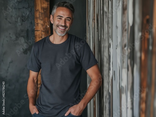 A man in a black t - shirt smiling.