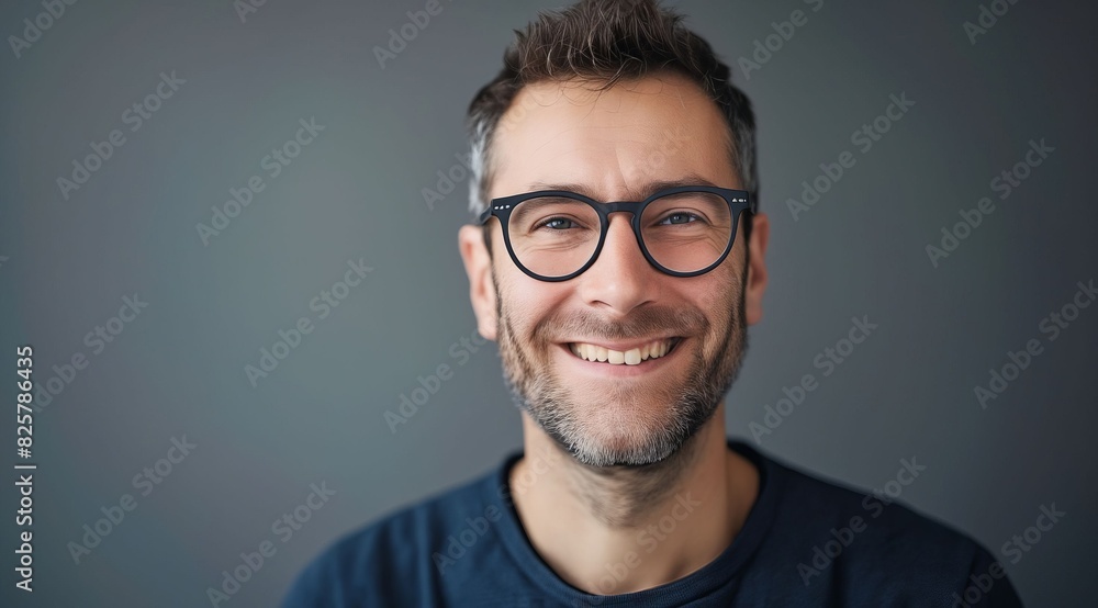 A man with glasses smiling and looking at the camera. A man with glasses smiling and looking at the camera.