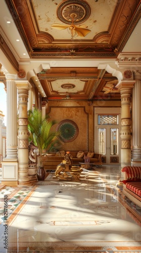 A large room with a lot of gold accents and a green circle on the wall