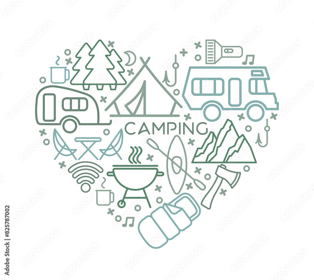 Camping line icons set. Vector illustration in the heart shape
