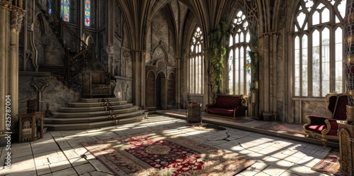 A large room with a red carpet and a red chair