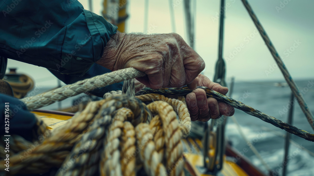 Obraz premium Fisherman Handling Rope on Sailboat's Weathered Deck