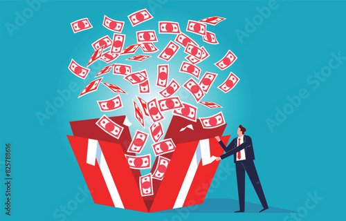 Surprise or amazement, hitting the jackpot, unexpected rewards or gains, high returns on investments or profits, businessmen opening gift boxes bursting with piles of money