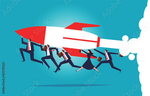 Launch, launch, take off, start a new project, a new business or a new career, rapid growth or development, the business team carries the rockets together in synchronized take offs