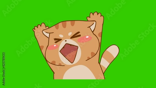 Animated Fat Cat Raising Hand Happily - Green Screen