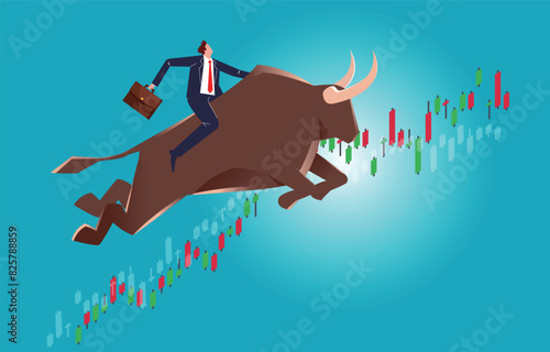 Bull market, successful investors, booming stock and financial markets, business growth, businessmen riding madly running bulls across stock market charts
