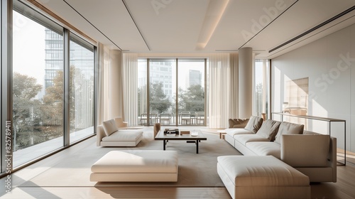 A contemporary living room with a minimalist design featuring clean lines a neutral color palette and floor-to-ceiling windows that flood