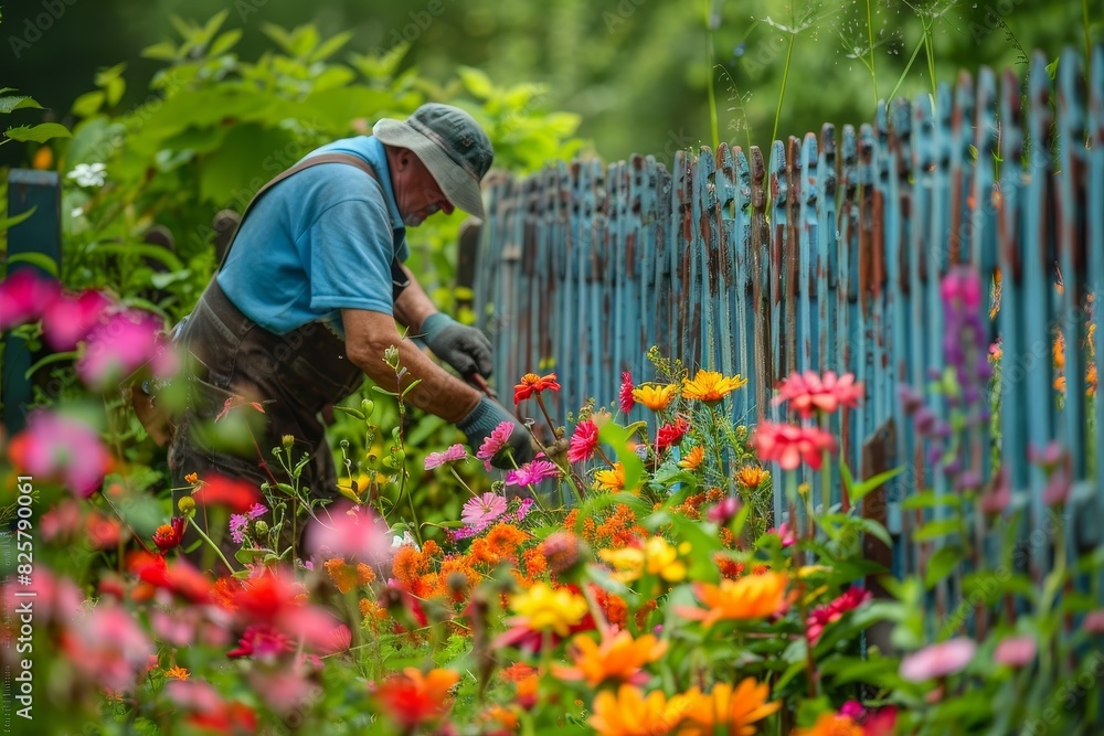 A man is working in a flower shop, surrounded by a variety of flowers and plants generated by AI A man is working in a flower shop, surrounded by a variety of flowers and plants generated by AI