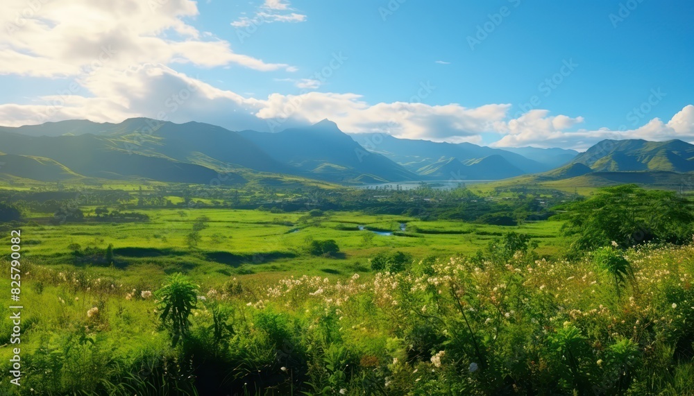 A stunning spring day landscaping views of fertile land surrounded beautiful green vegetation, wide stretches of hills and mountains with clear skies in spring