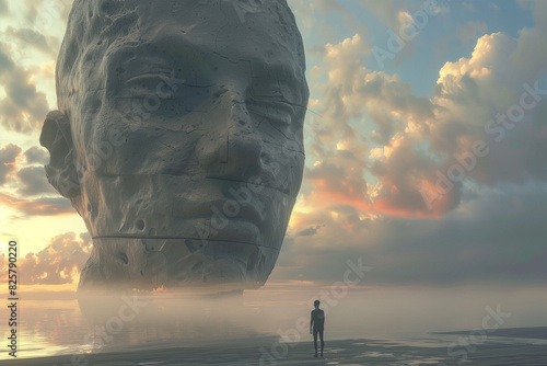 The Monument of Contemplation. A surreal scene depicting a lone figure standing before a colossal stone head partially submerged in a misty, reflective landscape at sunrise.