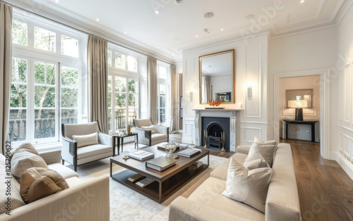 A photograph of the interior design of an apartment in London  showcasing classic French style with light gray walls and white trim. Created with Ai