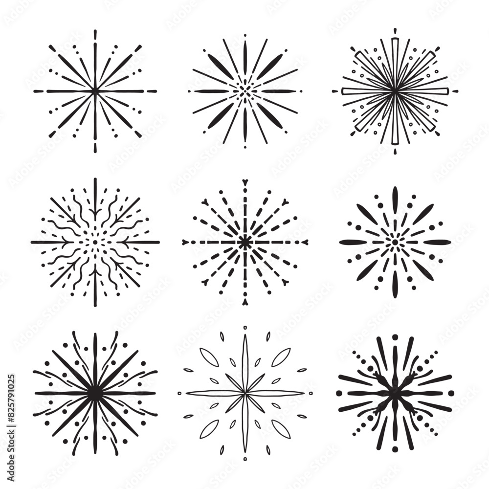 Obraz premium Firework line icon. Exploding festival fireworks set, Isolated on white background. Flat doodle style. Design concept for holiday banner, poster, flyer, greeting card, decorative elements
