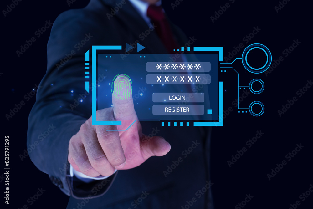 Business person touching screen with finger scanning for security access with biometrics identification. Cyber security, Encryption with fingerprint icon on the virtual interface. Business person touching screen with finger scanning for security access with biometrics identification. Cyber security, Encryption with fingerprint icon on the virtual interface.