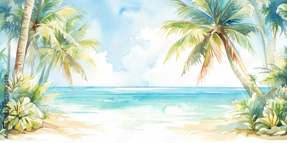 Tropical Paradise Illustration with Palm Trees and Ocean View