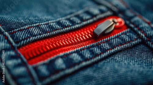 Close up of red wallet zipper on jeans photo