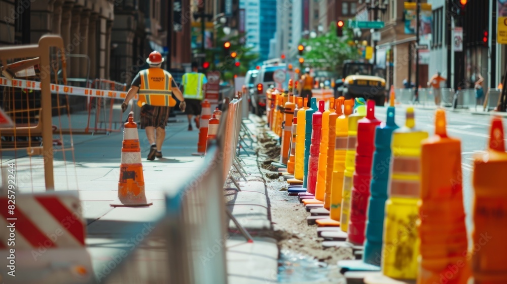 Obraz premium Vibrant signs and colorful barriers line the sidewalks as pedestrians navigate through the construction zone.
