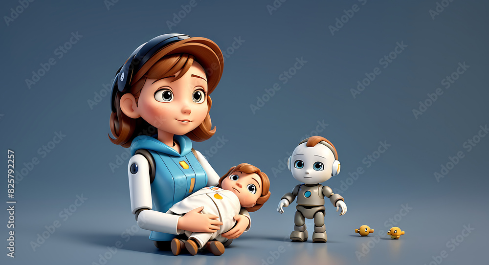 Portrait of an AI robot mother holding a human baby in an isolated plain background with copy space
Portrait of an AI robot mother holding a human baby in an isolated plain background with copy space
