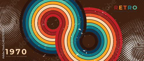 Abstract retro 70s background vector. Colorful vintage 1970 grunge stylish wallpaper with lines, stripes, curve shapes. Illustration design suitable for poster, banner, decorative, wall art.