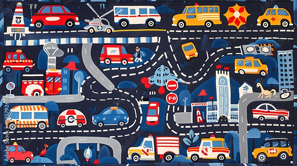 Vibrant Blanket Design for Boy Children featuring Racing Cars, Monster Trucks, Helicopters, and More on Roadways