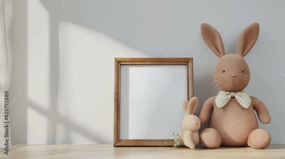 Frame mockup, blank picture frame for poster with cute bunny doll background, 3D render Frame mockup, blank picture frame for poster with cute bunny doll background, 3D render
