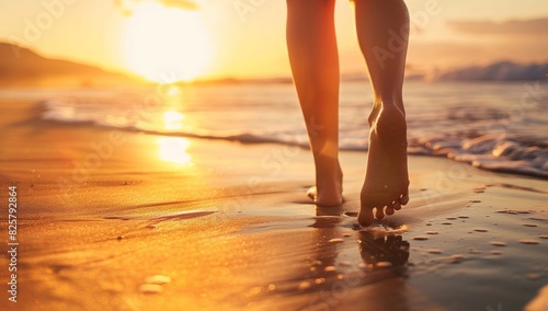 A woman walks barefoot on the beach at sunset, connecting with the serene atmosphere, feeling the sand between her toes, enjoying a peaceful moment in the calming beauty of nature
