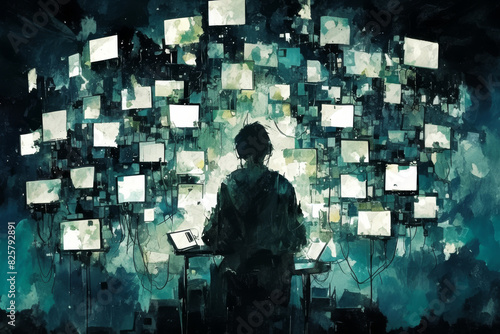 Silhouette of Person Surrounded by Multiple Screens in Dark Room   Modern Technology Concept