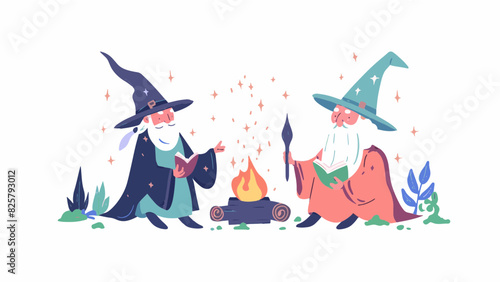 2 magical enchanted wizards sitting casting spells wearing wide brimmed pointy hat magic fire large long fluffy beard studying magic resizable vector
