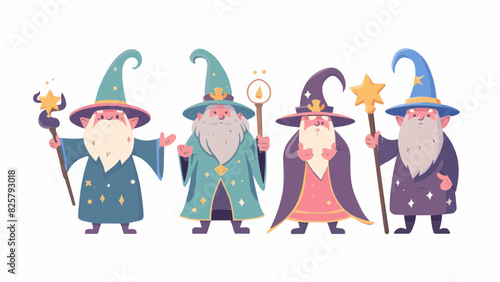 4 standing magical enchanted wizards casting spells wearing wide brimmed pointy hat magic fire large long fluffy beard ready waiting resizable vector