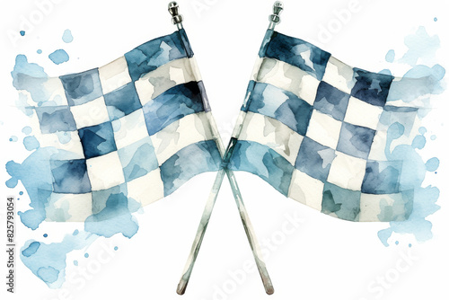 Watercolor Checkered Flags   Hand Drawn Racing Symbol in Blue and White for Motorsport and Competition Themes