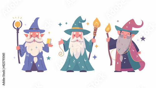 3 magical enchanted wizards casting spells wearing wide brimmed pointy hat magic fire large long fluffy beard working resizable vector