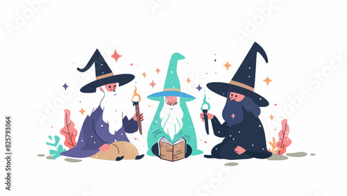 3 magical enchanted wizards casting spells wearing wide brimmed pointy hat magic fire large long fluffy beard studying magical witchcraft resizable vector