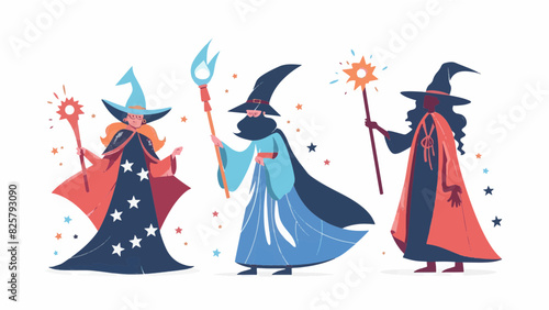 3 standing magical enchanted wizards casting spells wearing wide brimmed pointy hat magic fire large long fluffy beard group resizable vector