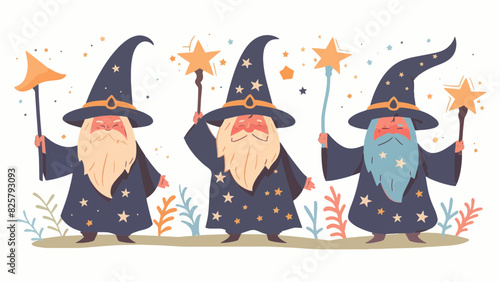 3 magical enchanted wizards casting spells wearing wide brimmed pointy hat magic fire large long fluffy beard holding magic wands resizable vector