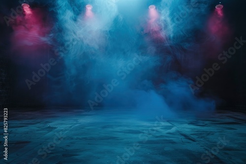 The dark stage shows  dark background  an empty dark scene  neon light  and spotlights The concrete floor and studio room with smoke float up the interior texture for display products - generative ai