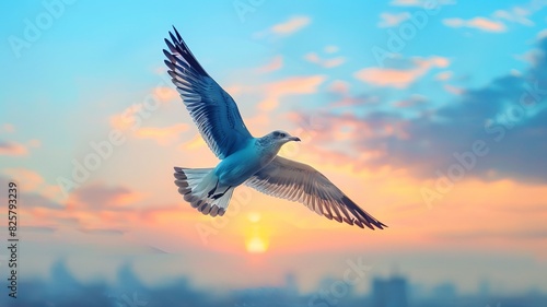 Majestic seagull gracefully flying against a breathtaking sunset sky  with soft clouds and vibrant city silhouette in the distance.