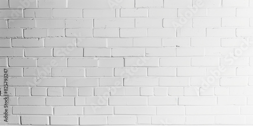 A straight-on shot of a white brick wall with clean lines and a smooth  painted texture. The lighting is bright and even  creating a fresh and modern background. 