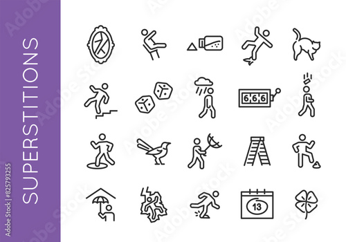 Superstition icons. Set of 20 superstition trendy minimal icons. Mirror, Ladder, Black Cat, Horseshoe, Number 13 icon. Design signs for web page, mobile app, packaging design. Vector illustration.