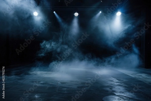 The dark stage shows  dark background  an empty dark scene  neon light  and spotlights The concrete floor and studio room with smoke float up the interior texture for display products - generative ai