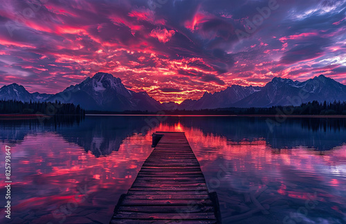  A breathtaking sunset over Grand Teton National Park, with vibrant orange and pink hues painting across the sky as mountains reflect in Jackson Lake from an old wooden dock on the lake.Created withAi photo