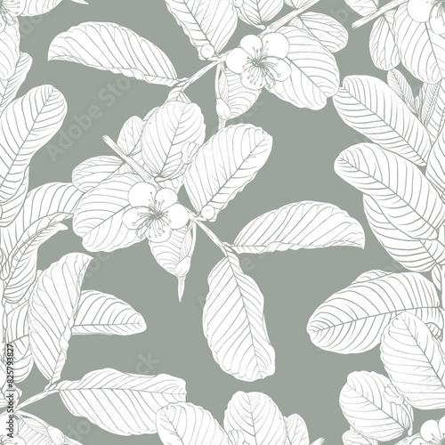 Seamless pattern guava floral abstract background.Vector illustration hand drawn line art.For fabric fashion print design or product packaging.