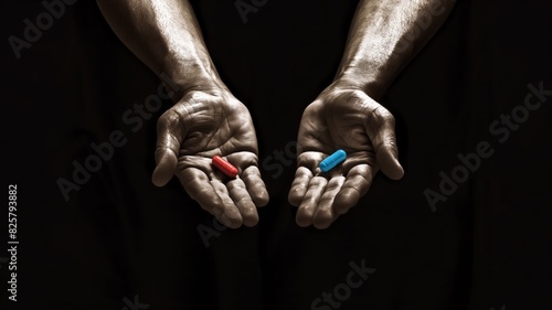 Two hands holding red and blue capsules, sepia tone photo