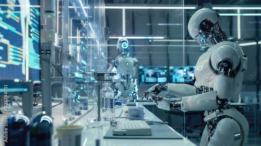 Highly advanced robots performing tasks in a futuristic laboratory, with holographic screens and intricate machinery Highly advanced robots performing tasks in a futuristic laboratory, with holographic screens and intricate machinery