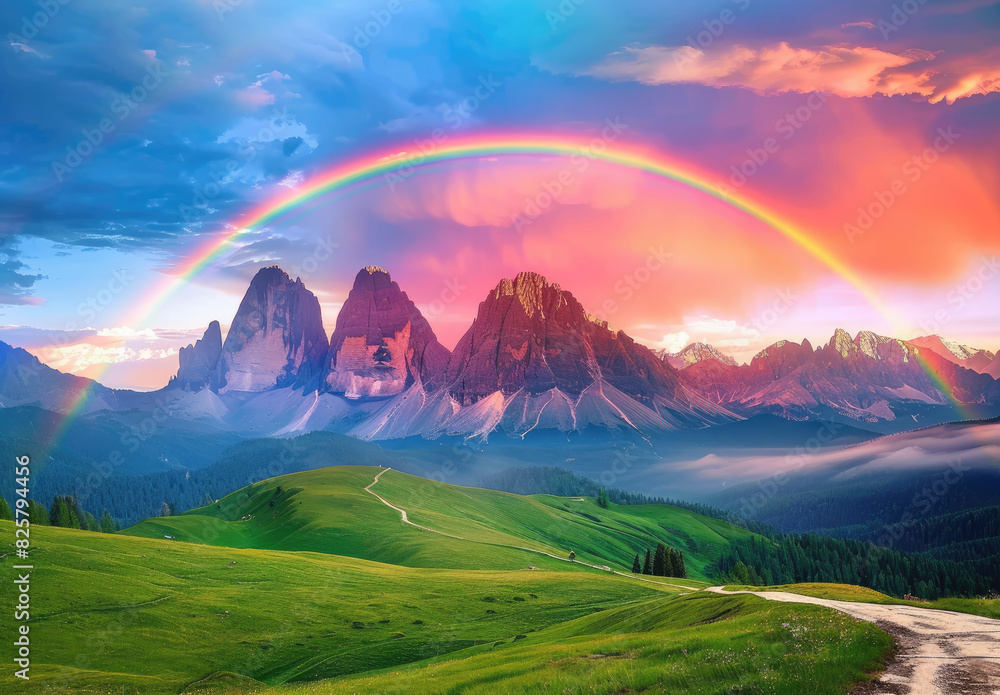 A rainbow arching over the Dolomites in Italy. Created with Ai
