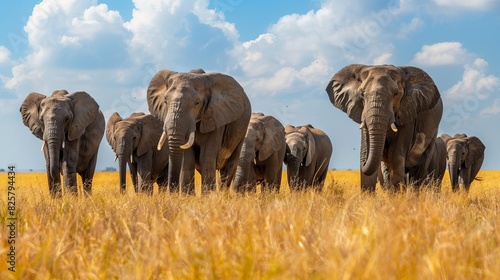 Wildlife safari with a herd of elephants  golden savannah grasses  clear blue sky  majestic and natural scene  highresolution wildlife photography  Close up