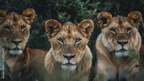 Wildlife safari with a pride of lions resting, detailed closeup of their faces, lush green landscape, raw and powerful atmosphere, highresolution animal photography, Close up