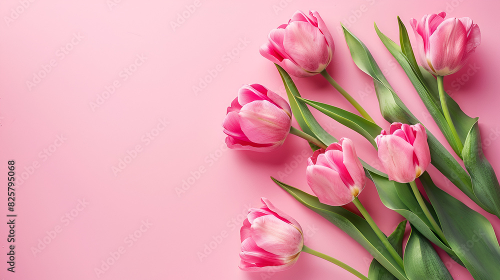 Beautiful composition of spring flowers tulip Bouquet on a pink background, generative Ai Beautiful composition of spring flowers tulip Bouquet on a pink background, generative Ai